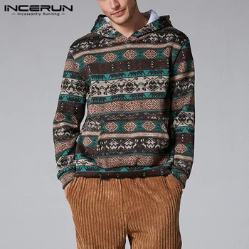 

INCERUN 2020 Ethnic Printed Men Hoodies Long Sleeve Pockets Streetwear Knitted Hooded Pullovers Autumn Winter Fashion Sweatshirt