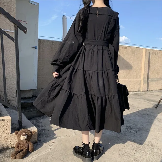 QWEEK Gothic Style Dress Women Harajuku Gothic Lolita Kawaii Dress Punk Cute Long Sleeve Black Midi Dress 2021 Emo Mall Goth 3