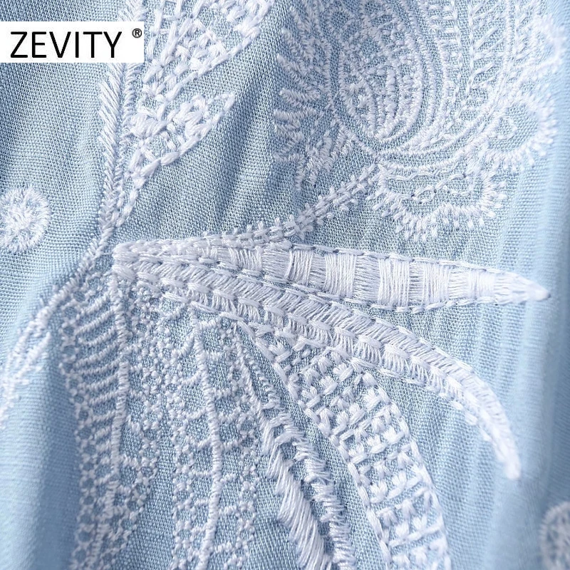 ZEVITY New women vintage v neck flower embroidery hem pleats mini dress female bow tie sashes vestido chic autumn dresses DS4424