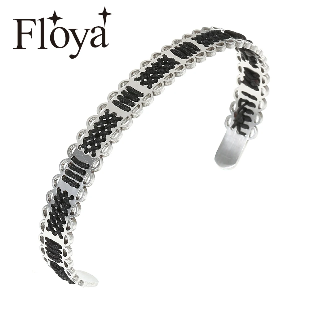 

Floya Weave Geometry Stainless Steel Cuff Bangles Beautiful Knitted Black Strand Bracelets Femme BOHO Bracelet For Women Girls