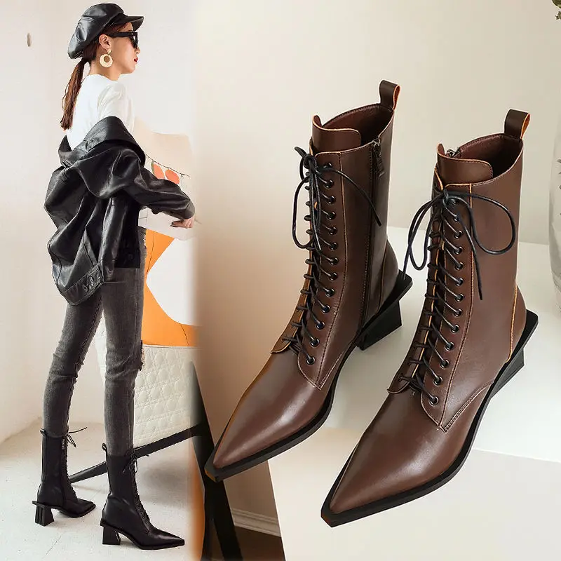 

European station net red pointed Martin boots leather top thick high heels lace up fashion temperament thin short boots women