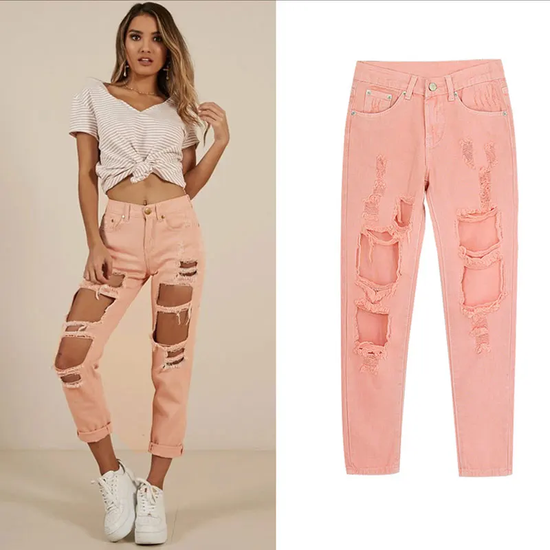 

2019 New Women Jeans Hole Ripped Jeans For Women Loose Cotton Denim Pants Pink Jeans Women Straight Pencil Panst Plus Size
