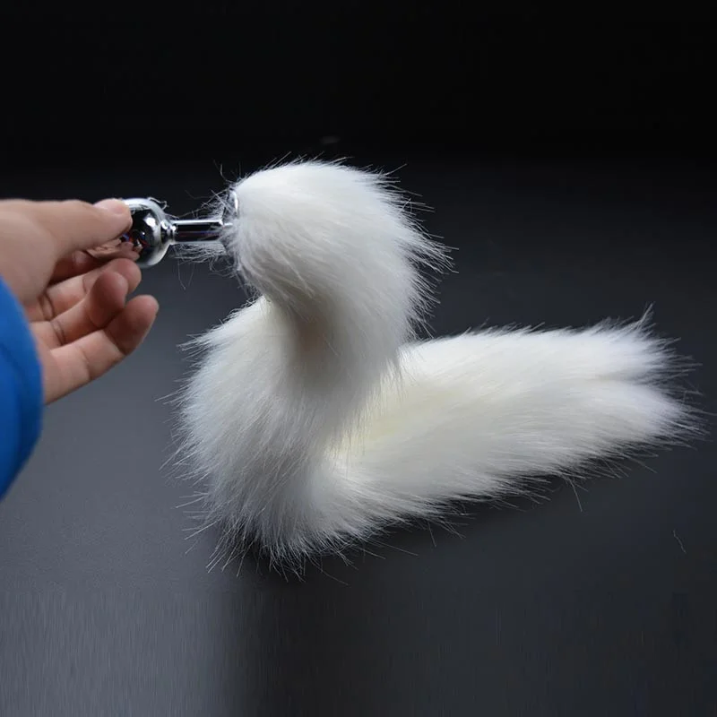 1PC Pure White Fox Tail Butt Metal Plug 35cm Long Anal Sex Toy Animal RolePlay Cosplay with Real Racoon Dog Hiar Sex Products07