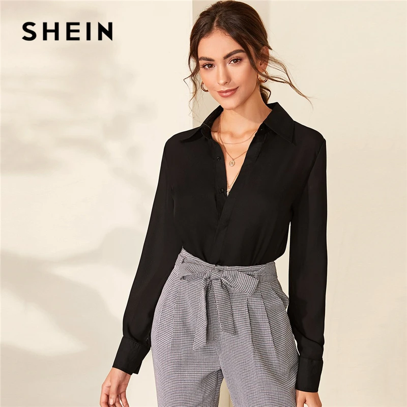  SHEIN Turn Down Collar Solid Half Placket Casual Blouse Shirt Women Tops 2019 Autumn Long Sleeve Bu
