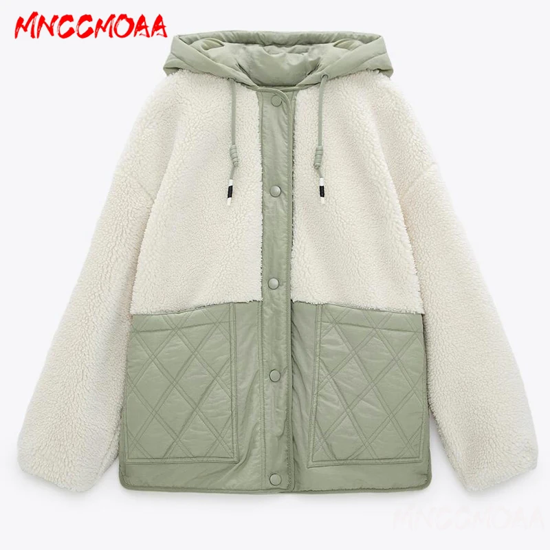 

2020 Autumn Winter Warm Lambwool Patchwork Parka Jacket Women Casual Pockets Outwear Ladies Loose Hooded Coat Female