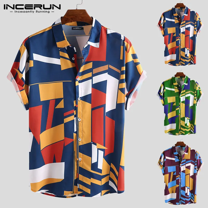 Barato INCERUN-camisa hawaiana de manga corta para hombre, camisa con estampado geométrico, cuello de solapa, botón, informal, para playa, ropa de calle, S-5XL, verano, 2021 BEpdqokBk