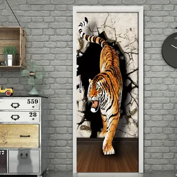 

DIY PVC Waterproof Self-adhesive Detachable Door Stickers Tigers Down Mountain 3D Wall Wallpaper Living Room Door Decor Mural