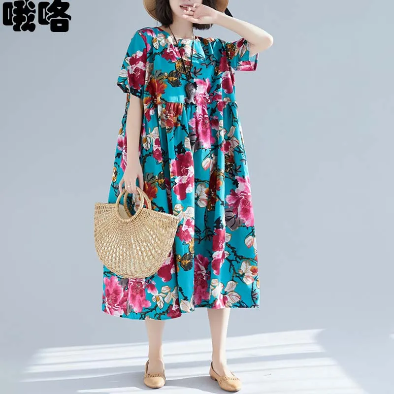

2020 Plus Size Boho Dresses For Women 2XL 3XL 4XL Large Summer Dress Robe Female Art Printed Floral Cotton Linen Maxi Dress