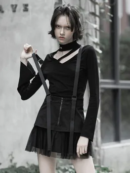 

PUNK RAVE Women Punk Street Wind Irregular Straps Skirt Mesh Stitching A Word Skirt Cross Tooling Short Skirt