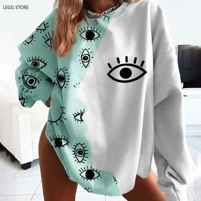 

Green White Contrast Fun Eyes Printing Sweatshirt Women Casual Loose Plus Size Thin Tops Long Sleeve New Autumn Fashion Girls