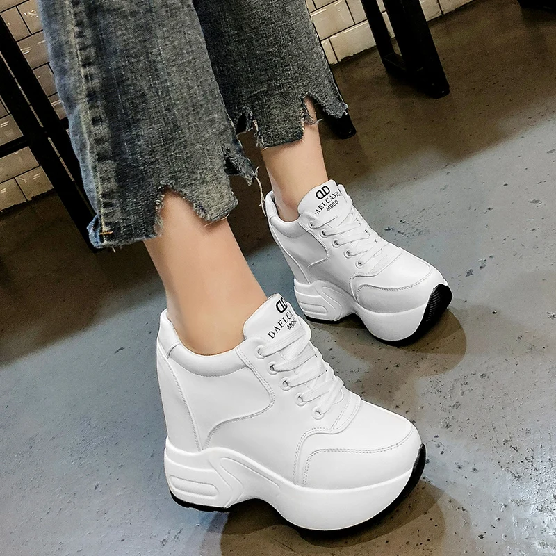 Platform Boots Ankle Boots Women's Ankle Boots Spring Leather Chunky Shoes Woman Platform Height Increased Sneakers 10CM Thick Sole Wedges White Boots