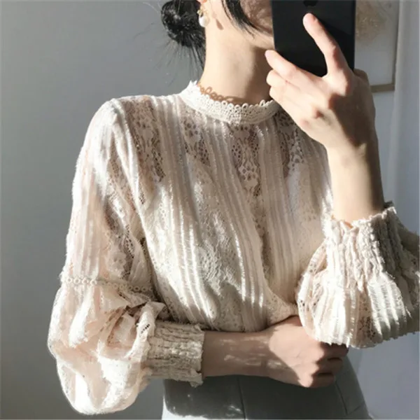 Хаки RUGOD Весенняя кружевная блузка, женские блузки, с длинным рукавом, элегантный топ, корейская мода, женская одежда, рубашки на каждый день - Цвет: Хаки