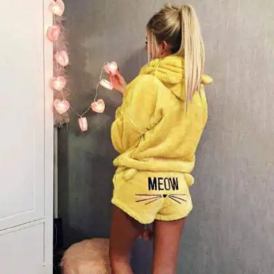 yellow Женский коралловый бархатный пижамный комплект, осенне-зимняя теплая Пижама, комплект из двух предметов, одежда для сна, милый рисунок кота, толстовки с капюшоном и шорты, комплект 5XL - Цвет: yellow