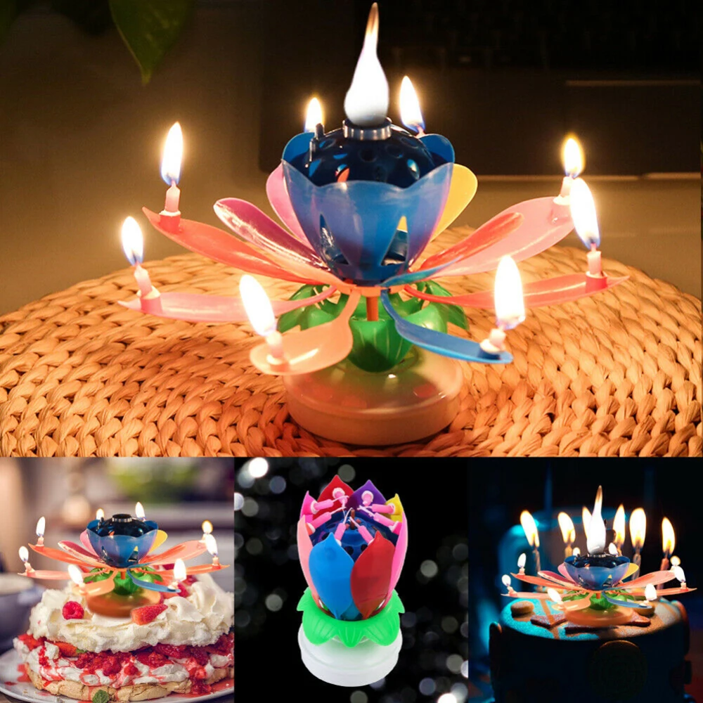 

Beautiful Blossom Lotus Flower Candle Birthday Party Cake Music Sparkle Cake Topper Rotating Candles Decoration