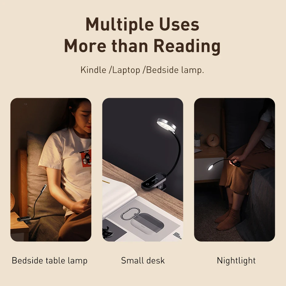 Baseus led clip table lamp – stepless dimmable wireless desk lamp with touch controls, usb rechargeable, and versatile usage as reading light, led night light, or laptop lamp