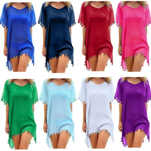 Vintage Women Beach Dress Solid Mesh Cover-Ups Beachwear Ladies Tassel Swimwear Short Sleeve Bathing Chiffon Cover Up swimsuit cover up swimsuit coverup fishnet cover up women dresses