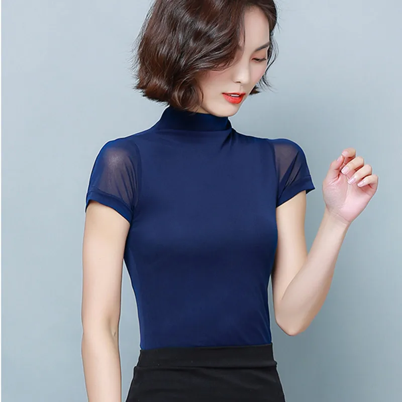 

Korean Women Blouses Women Shirts Elegant Woman Mesh Blouse Stretch Shirt Plus Size Womens Tops and Blouses Short Sleeve Blouse