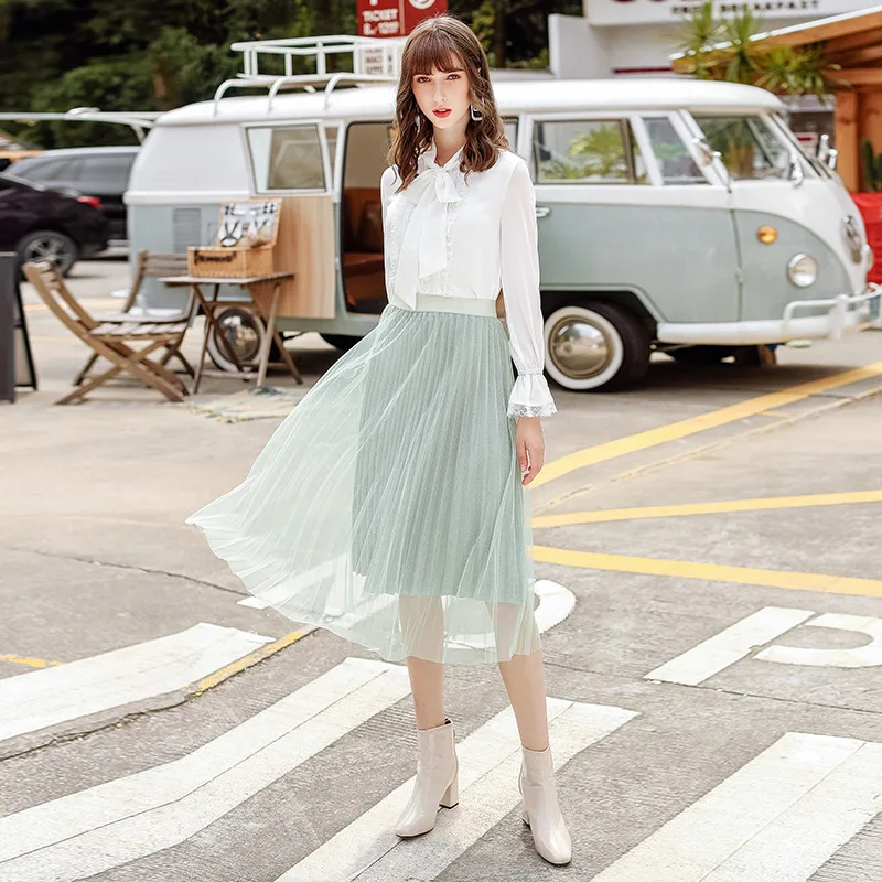 

Sweet Mesh Shiny Pleated Skirt Autumn New Boutique Women's Elastic Solid Color Lady Skirt Elegant Office Ladies Tulle Skirt