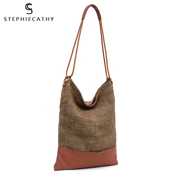 

SC Design Style Linen Hobo For Women Vintage Leather Patchwork Large Shoulder Bag Ladies Soft Casual Crossbody Bag Female Bolsa