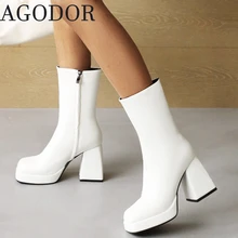 

AGODOR Gogo Boots Chunky High Heel Square Toe Ankle Boots Patent Leather Square High Heel Platform Women Winter Booties Size 43
