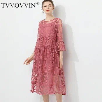

Korea 2020 New Fashion Large Size XL-4XL Dress Women Over Size Seven Sleeve Hollow Out Lace Floral With Lined Y035