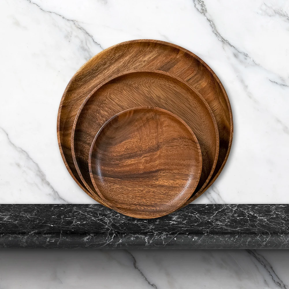 Wood Hand-made Acacia Dinner Plates Unbreakable Round Wood Plates for Fruits Dishes Snacks Dessert Serving Tray Tableware