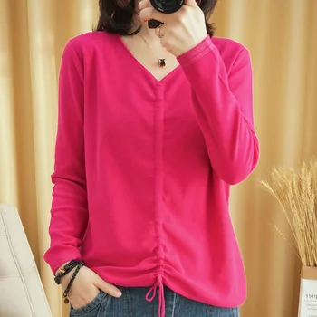 

Ladies spring and autumn V-neck long-sleeved drawstring knitted T-shirt gray