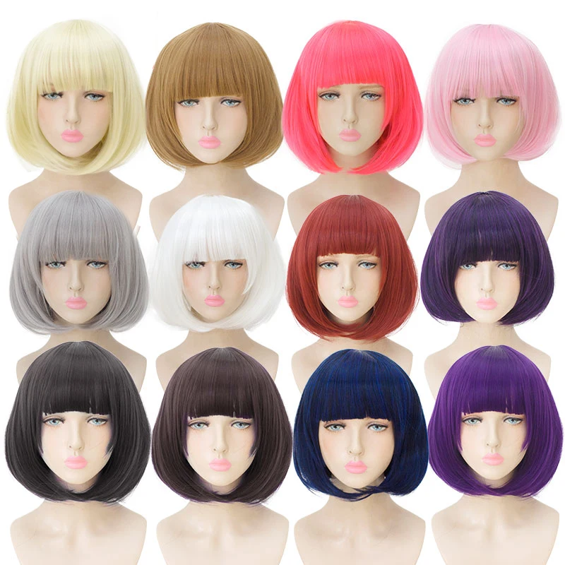 

AOSI Short Straight Hair With Bangs Bob Wig Black Red Blue Red Yellow Synthetic Wigs For Women Costume Party Cosplay Wig Girl