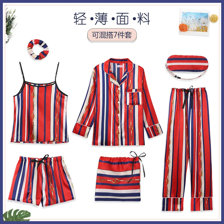 

816 # Red And Blue Stripe YX 7 Seven Pieces Pajamas Long Sleeve Homewear Set