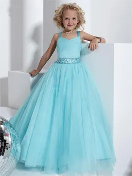 

2020 girls dress Princess Blue Sweet Pleated Organza Ball Gown Rinestone Sash Flower Girl Dresses GL