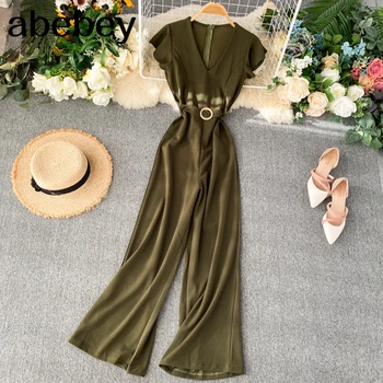 

Slim 2020 Fashion Ruffles Jumpsuits V Neck Rompers Office Summer Full Length Jumpsuit Casual Women Elegant Playsuit Tie Romper