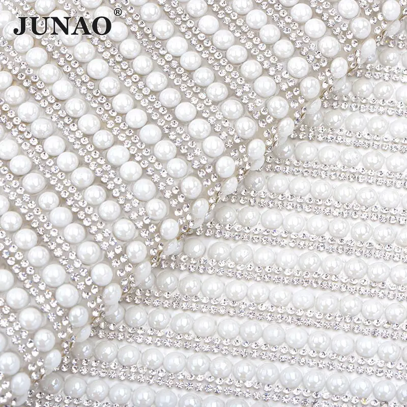 6mm Pearl JUNAO прозрачный белый жемчуг сетчатая ткань со стразами стеклянная отделка Кристалл лента аппликация из страз для платье сумка ремесла - Цвет: 6mm Pearl