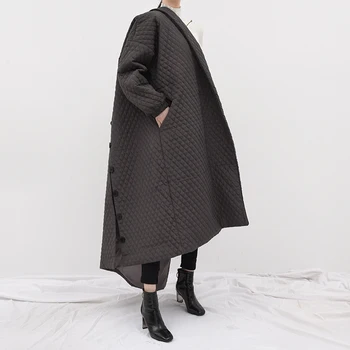 

LANMREM 2020 New Autumn And Winter Scarf Collar Full Sleeves Mid Calf Length Plaided Pocket Covered Buttons Cotton Padded Coat