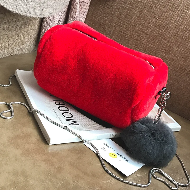 

Winter New Style pi cao bao Retro Fuzzy Ball Pendant Shoulder Oblique WOMEN'S Bag
