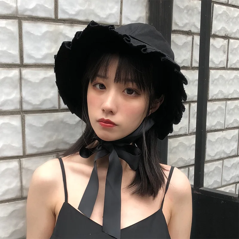 

INS Korean-style Pleated Bucket Hat Flounced Bandage Cloth Cap Japanese-style Cute GIRL'S Bucket Hat College Style Sun Hat Women