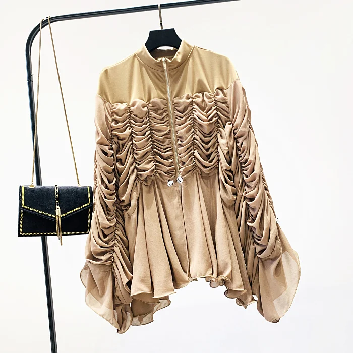 

Womens Tops and Blouses New Fashion Autumn Winter Irregular Fold Chiffon Shirt Long Zipper Top Blusas Blusa White Black