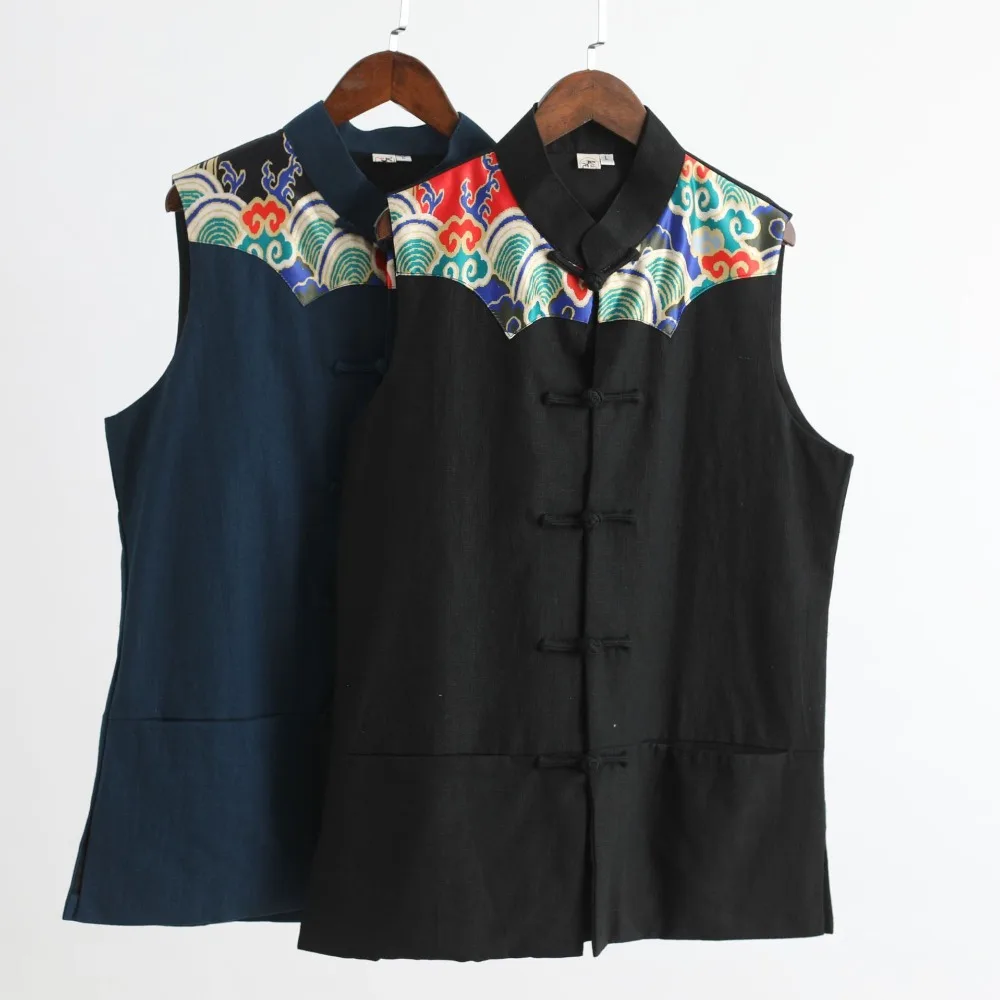 LZJN 2019 Men's Summer Waistcoat Chinese Style Print Patchwork Linen Button Down Kung Fu Shirt Sleeveless Vest Jacket (22)