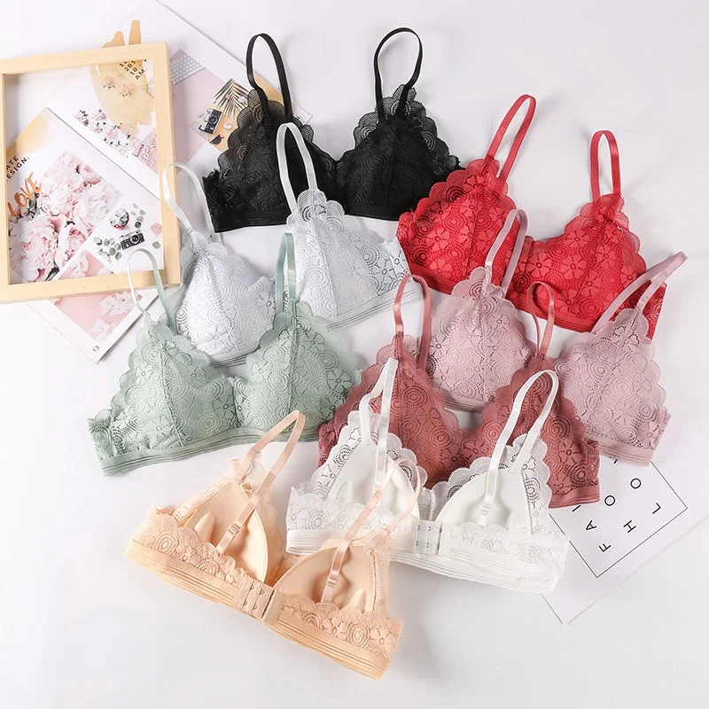 

French Style Bras For Women Seamless Deep V Lace Bralette Wireless Bra Female Sexy Lingerie Push Up Bra