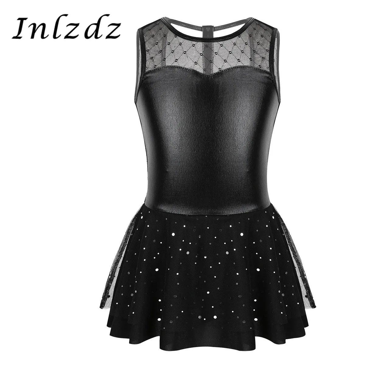 

Kids Girls Gymnastics Leotard Ballet Dress Shiny Metallic Mesh Splice Glitters Ballet Dance Gymnastics Leotard Dress Dancewear