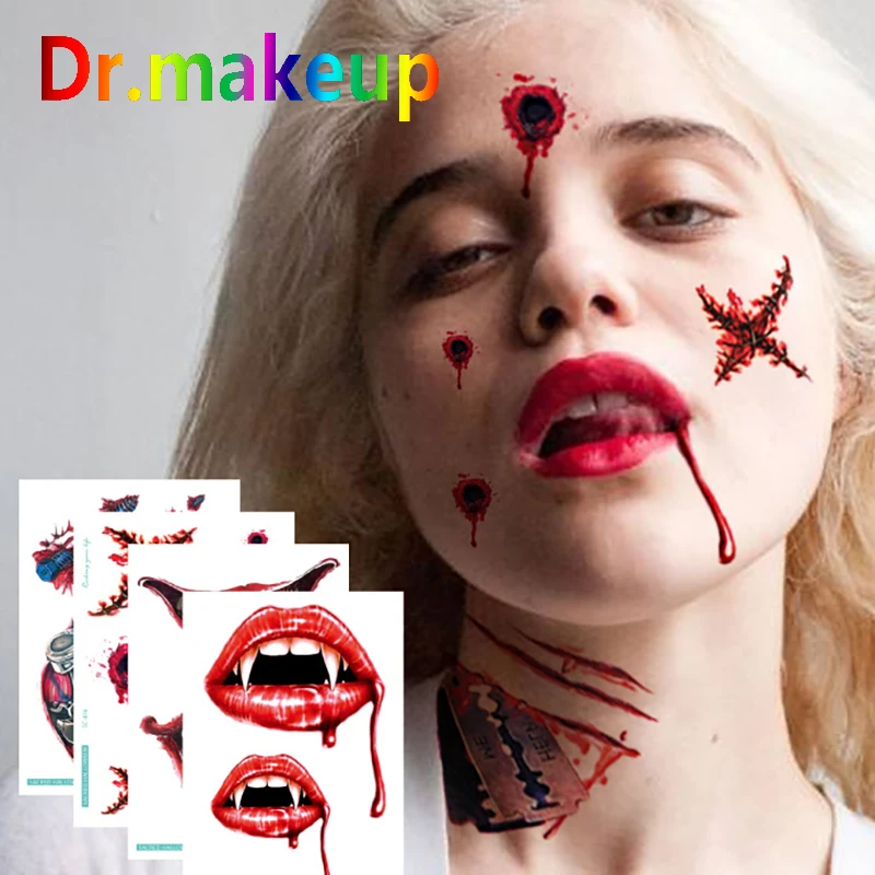Dr.makeup 3D Halloween Temporary Tattoo DIY Fake Blood Wound Festival Water Transfer Tattoos Cosplay Scary Body Art Stickers | Красота и