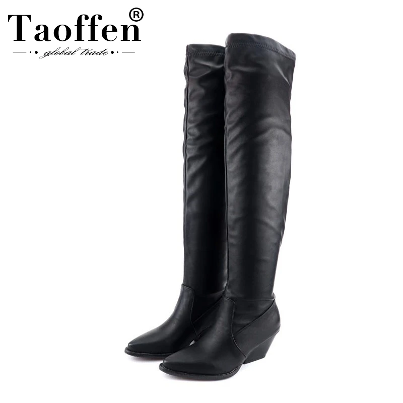 

Taoffen Plus Size 34-48 Simple Women Over The Knee Boots Slip On Pointed Toe Mid Heels Shoes Winter Warm Fur Women Footwear