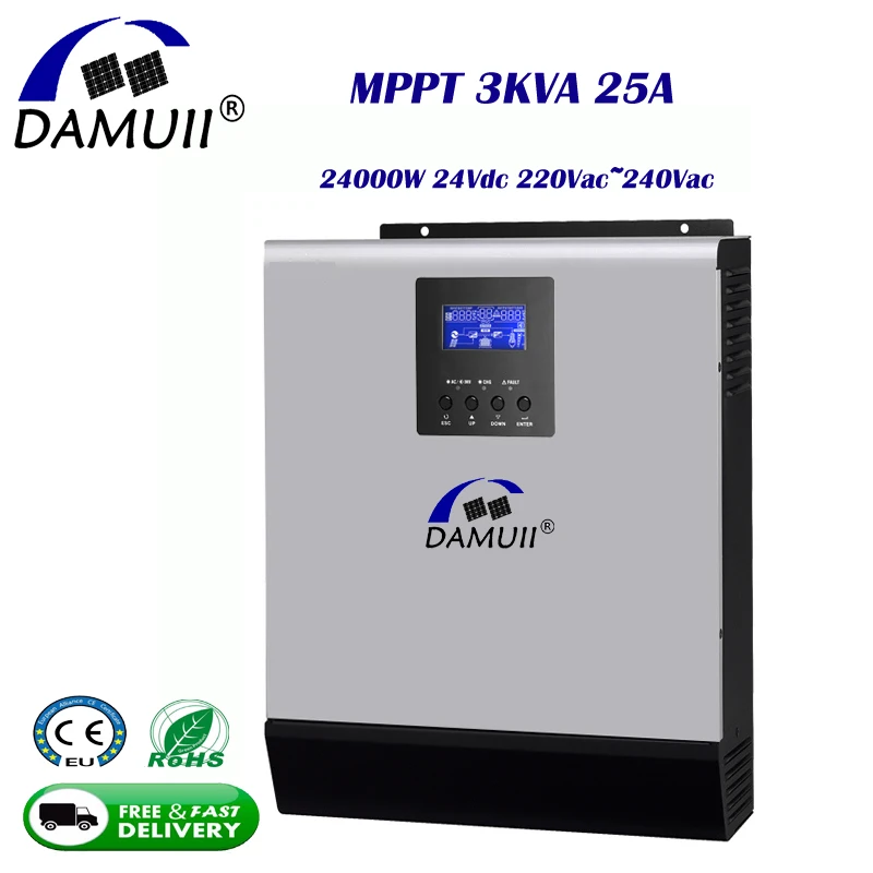 

DAMUII MPPT 3KVA 25A Solar Inverter Off-Grid System Pure Sine Wave 2400Watt Hybrid Inverter 24Vdc Battery System Solar Charge