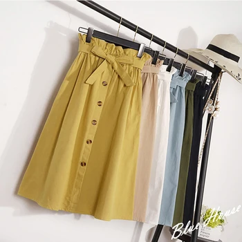 

Button Midi Skirt Women 2020 Spring Summer Casual Elegant High Waist Solid Color Skirt Female Korean Washed Cotton A-line Skirt