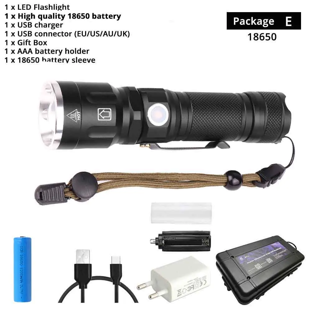Водонепроницаемый XHP50 светодиодный тактический фонарь с 5 режимами освещения, масштабируемый фонарь с батареей 18650 или 26650 для активного отдыха - Испускаемый цвет: Package E-18650