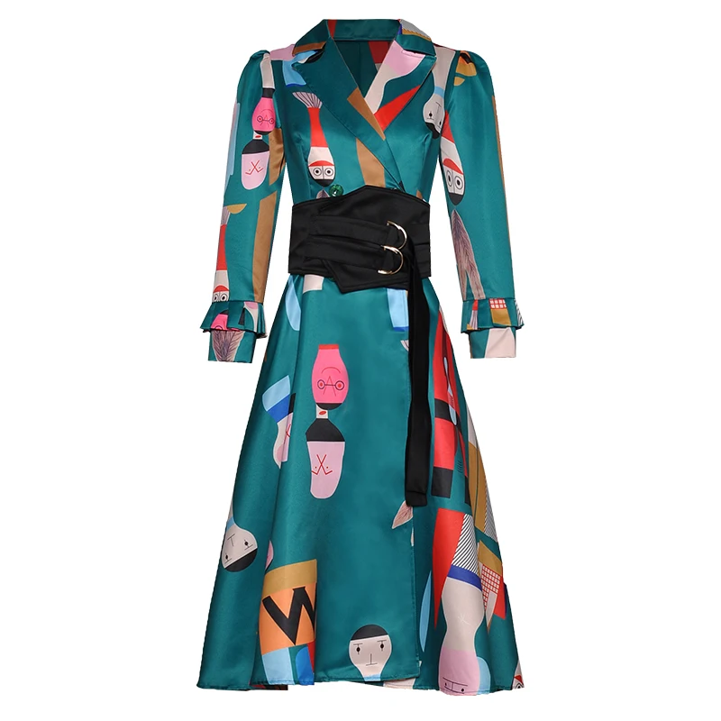 

Runway Women Trench Coat Midi Autumn Print Designer Tunic Long Sleeve High Quality Suit Collar Cartoon Trench Coat New Arrival