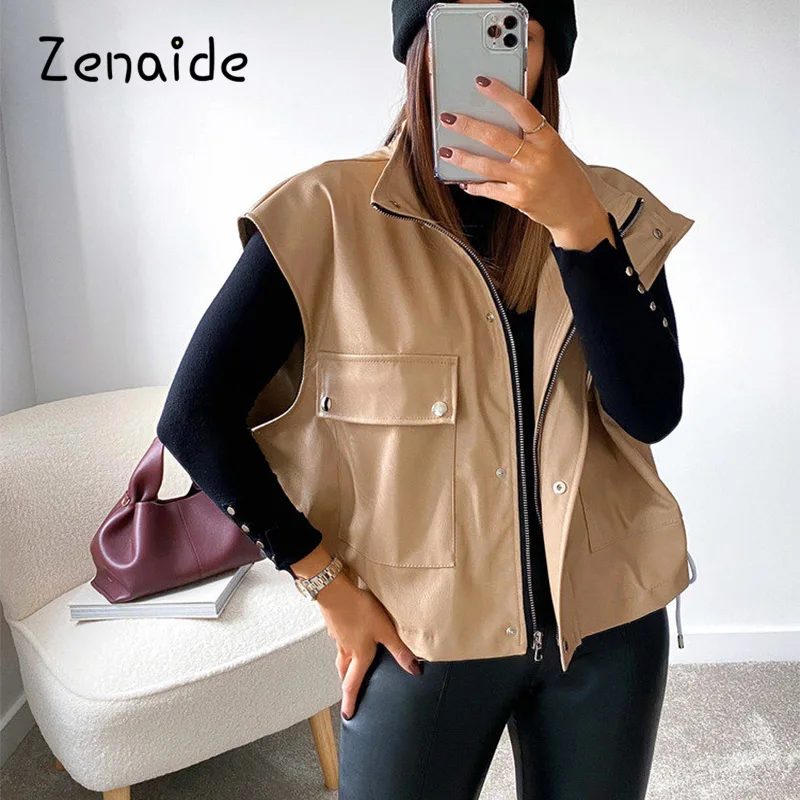 

Zenaide Faux Leather Winter Jacket Black Women Coat Casual Solid Pockets Front Tunic Waist Sleeveless Women Jacket