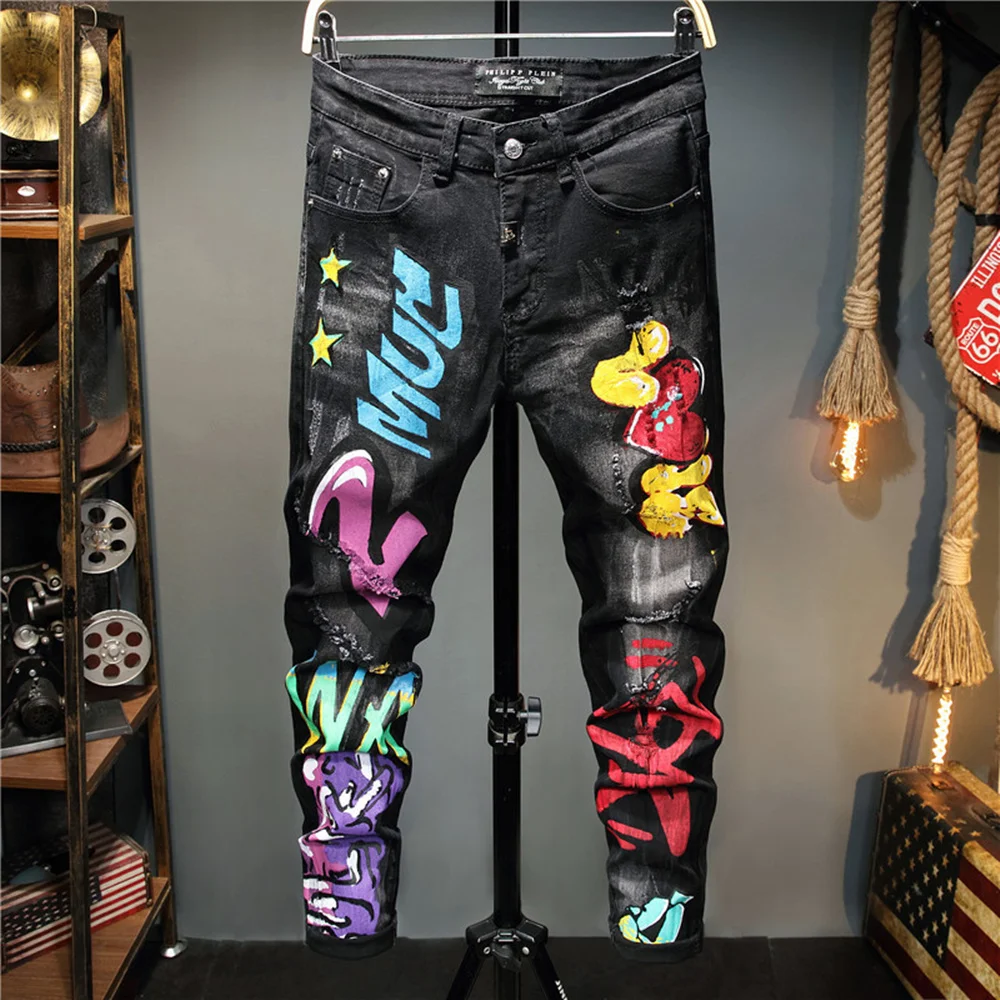 Pantalones vaqueros con Graffiti para hombre, pantalón informal de otoño, microelástico, estampado, a la moda, con personalidad