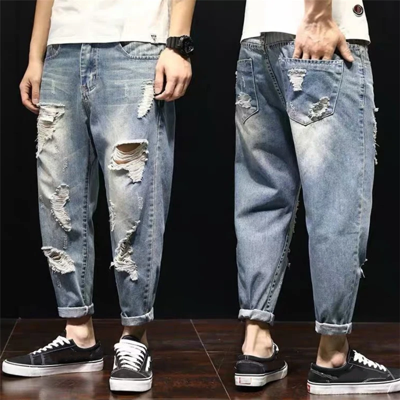 Moda De Hombre Pantalones Vaqueros rasgados 2020 calle estilo Denim azul pantalones sueltos lavado Jeans Mediados De cintura Vaqueros Rotos De Hombre