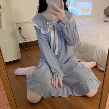 

Autumn Ladies Cotton Princess Sleepdress Long-sleeve Solid Bow Twill Lace Ruffle Nightgown Loose Sweet Casual Home Sleepwear