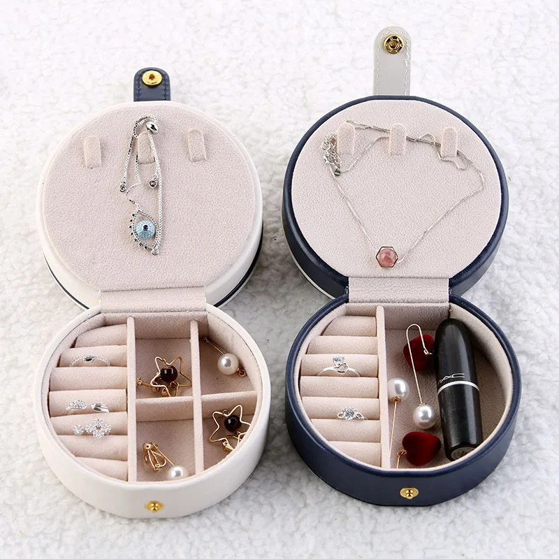 

High Quality Leather Jewelry Storage Box Earrings Ring Box Pendant Jewelry Storage Waterproof Portable Snap Jewelry Mirror Box